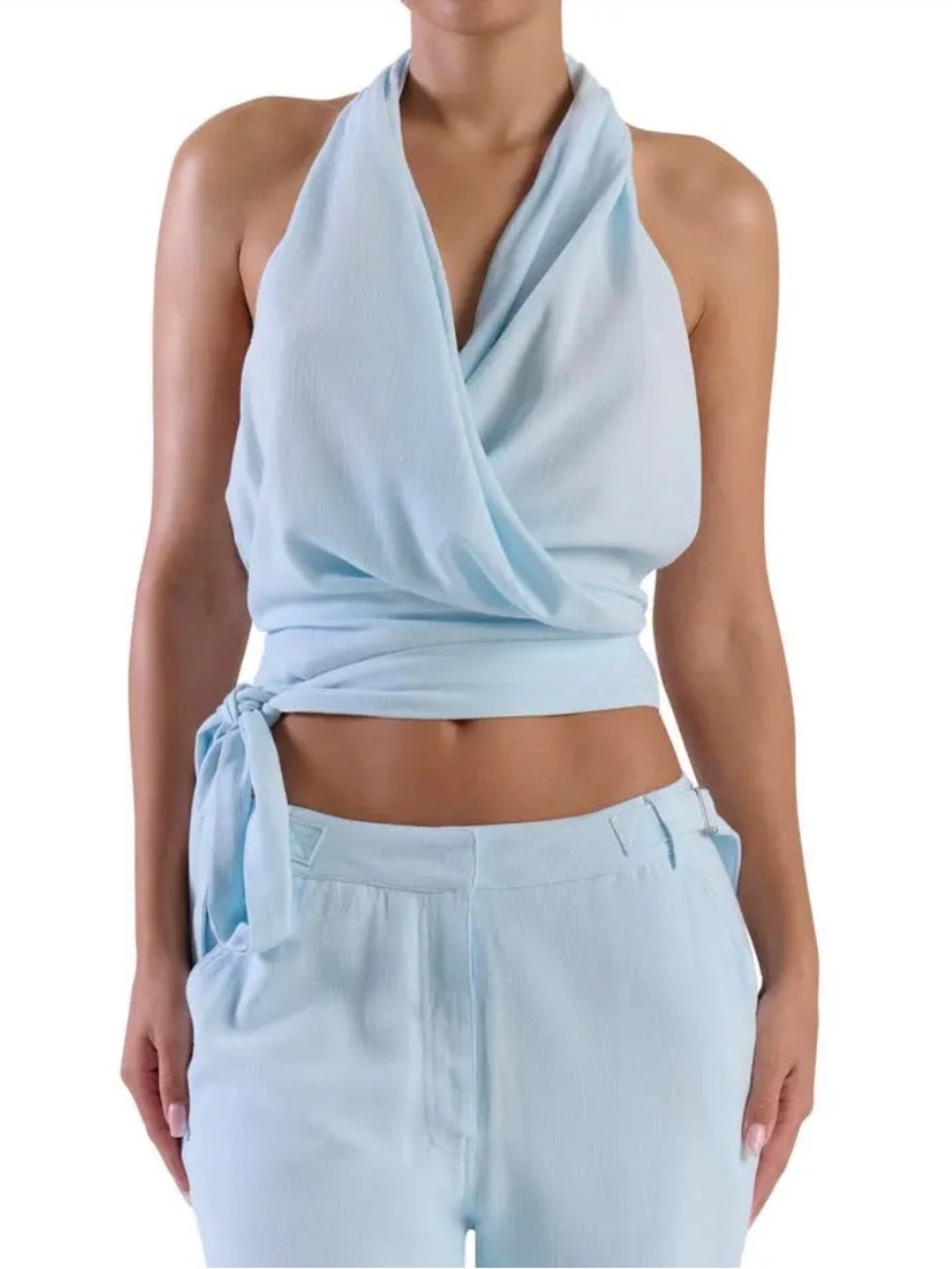 naked wardrobe So Wrapped Up Halter Top Blue Wrap sleeveless blouse